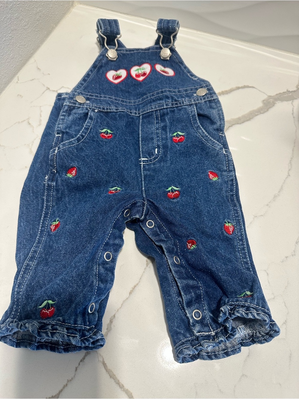 Vtg Y2K Cherry & Strawberry Baby Denim Embroidery Overalls Ruffle Hem Baby Core